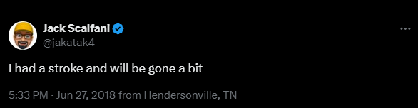 Jack stating his stroke on Twitter