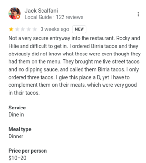 A review left by Jack for El Tapatio in Nashville, which served him Birria Tacos (i.e. standard tacos with Birria meat in them) as opposed to the dish he frequently refers to as 'Birria Tacos', which is actually 'Quesabirria'.