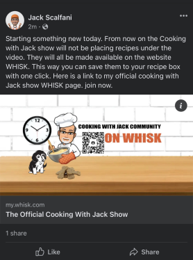Jack announcing that he will be placing recipes in Whisk for his videos instead of using the description box (like what most YouTube chefs would do).